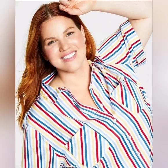 NWT Tommy Hilfiger Multicolor Striped 100% Cotton Camp Shirt Plus Size 2x - Picture 2 of 11